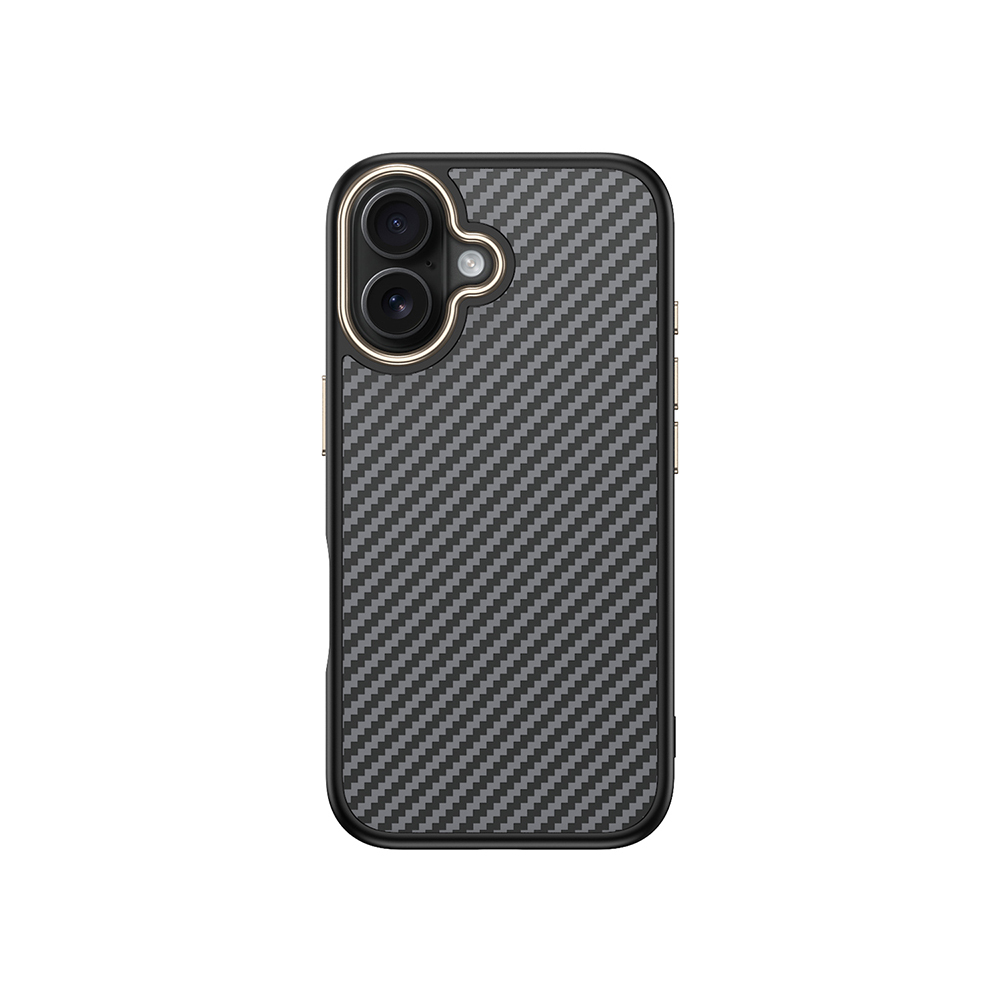 Siyah karbon fiber desenli, iki kameralı telefon kılıfı.
