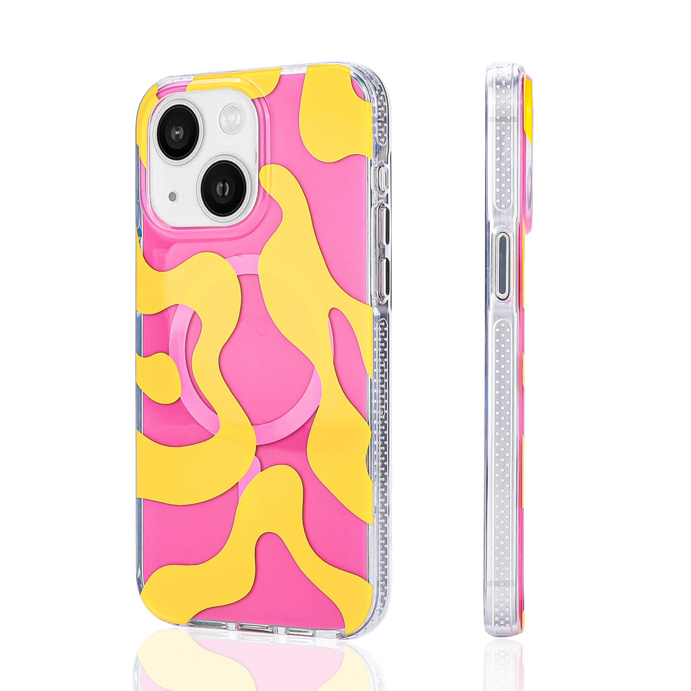 Canlı pembe ve sarı soyut leke desenli şeffaf telefon kılıfı.