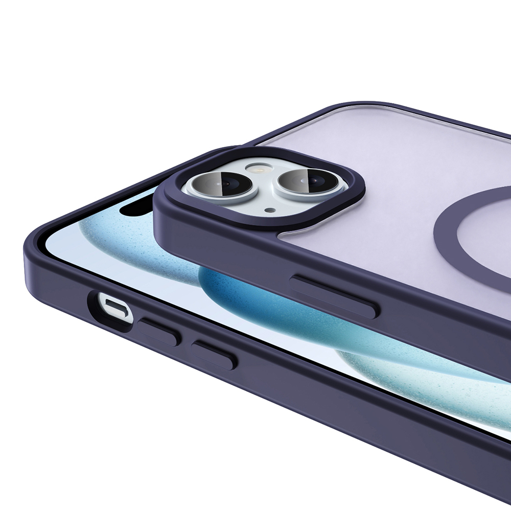 Koyu mavi telefon kılıfı, kamera oyuğu ve düğmeleri şeffaf zeminde.