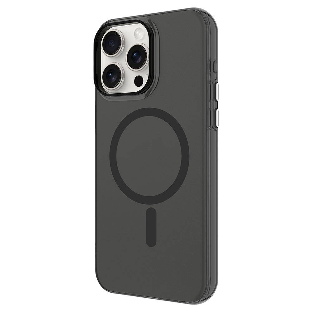 Kamera oyuntulu ve manyetik halkalı koyu gri telefon kılıfı.