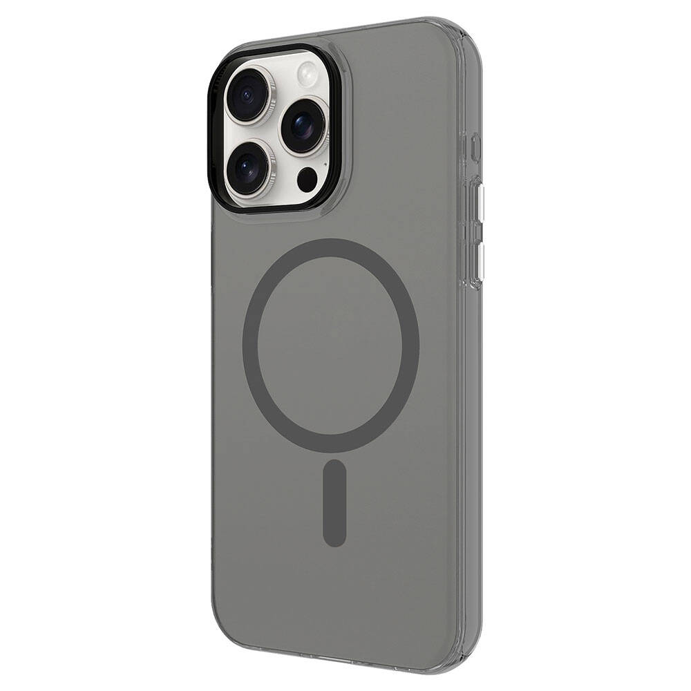 Üç kameralı ve manyetik şarj dairesi olan gri iPhone kılıfı.