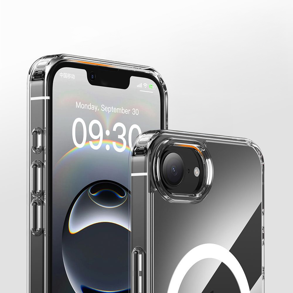 09:30 gösteren kilitli iPhone ekranına sahip iki şeffaf telefon kılıfı.