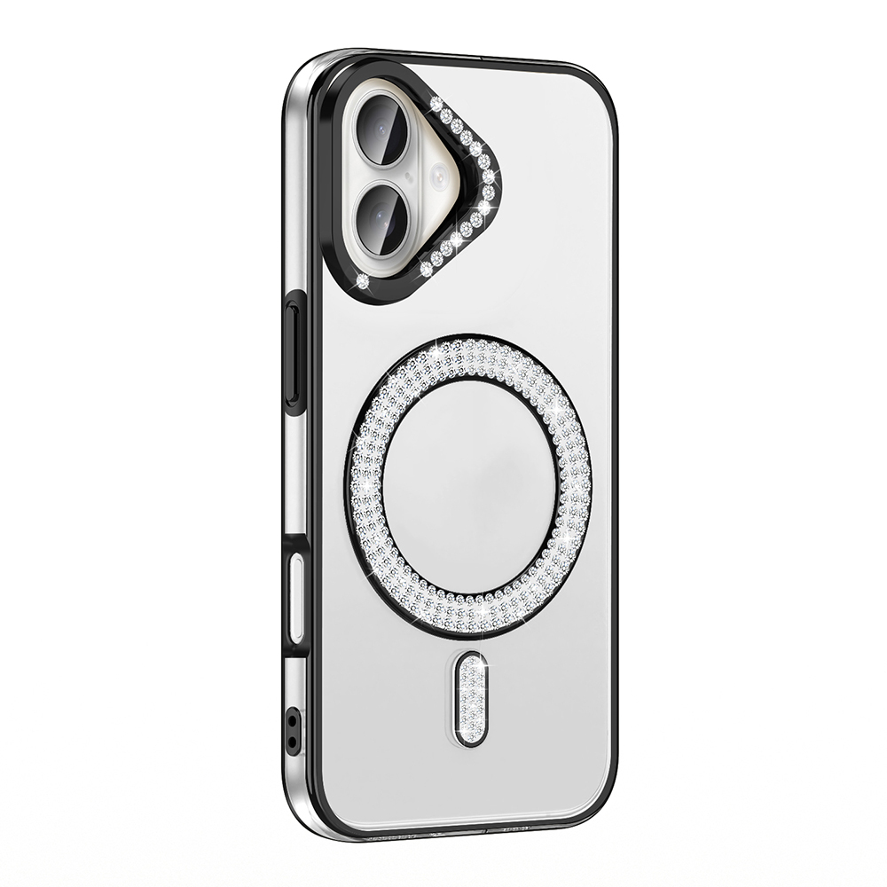Kameranın ve halkanın etrafında elmaslarla süslenmiş gümüş telefon kılıfı.
