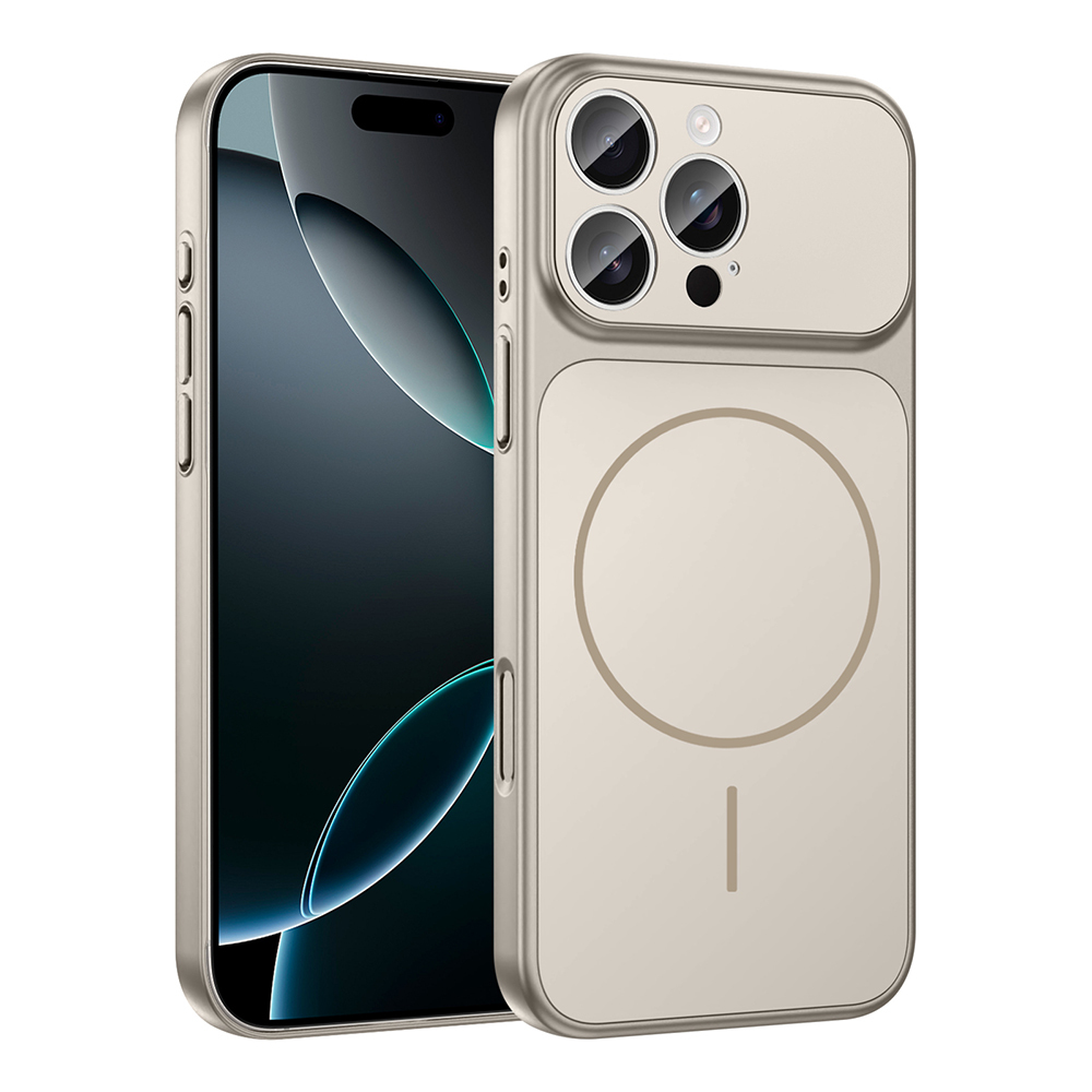 Kamera kesimli ve manyetik halkalı altın rengi telefon kılıfı.