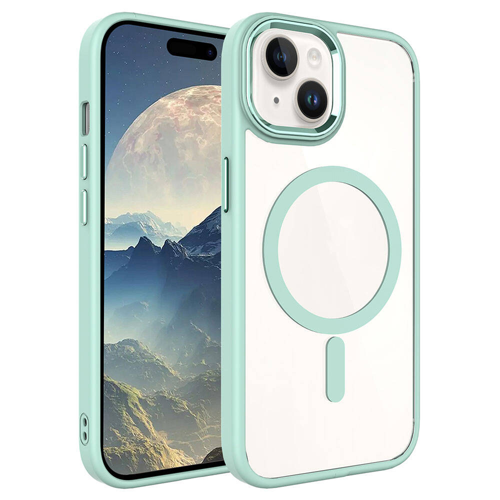 Mıknatıslı halka gösteren şeffaf arkalı nane yeşili iPhone kılıfı.