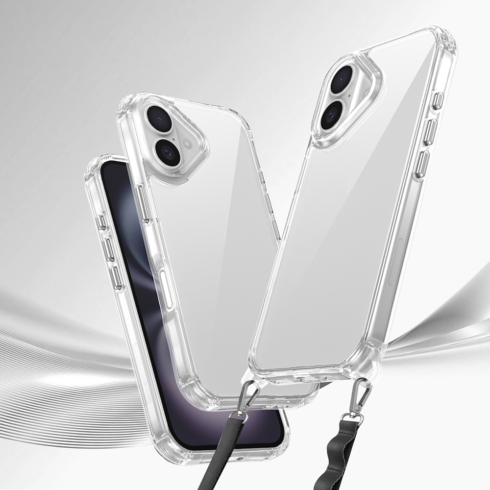 Gri arka plan önünde, kordonlu iki şeffaf telefon kılıfı.