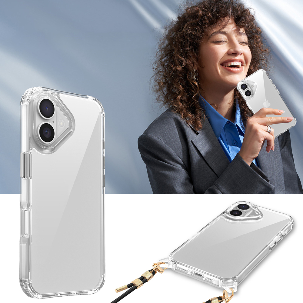 Kameralı şeffaf telefon kılıfı ve kılıflı telefon tutan kadın.