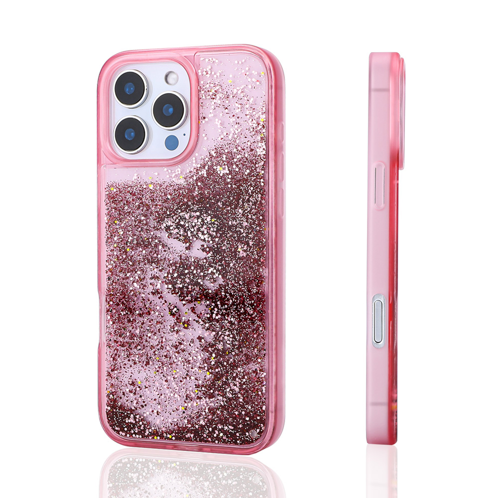 Sim partiküllü, pembe renkli telefon kılıfı ve kamera kesimi.