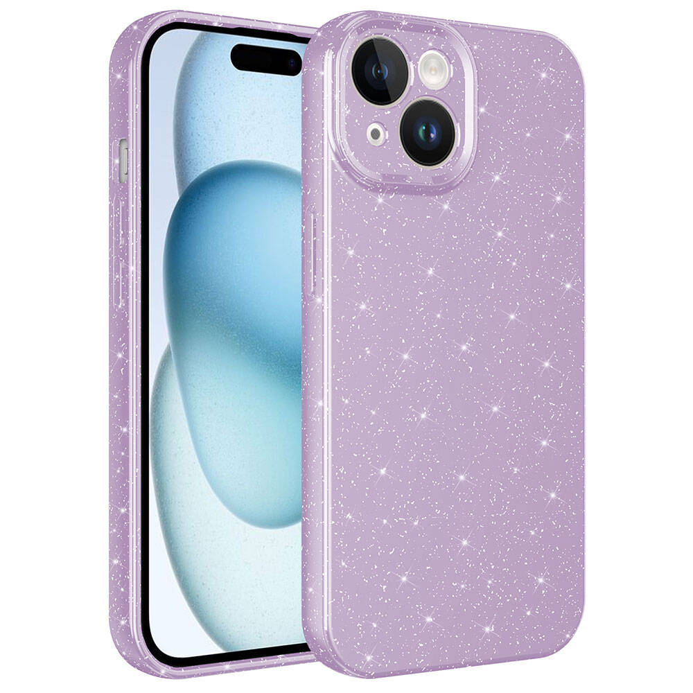 Simli mor iPhone kılıfı bir iPhone'un yanında duruyor.