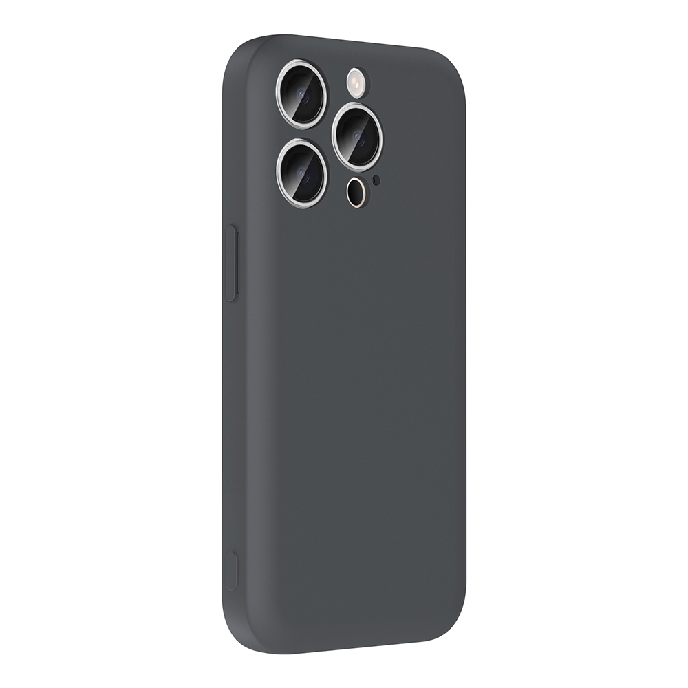 Üç kamera lensli ve flaşlı koyu gri telefon kılıfı.