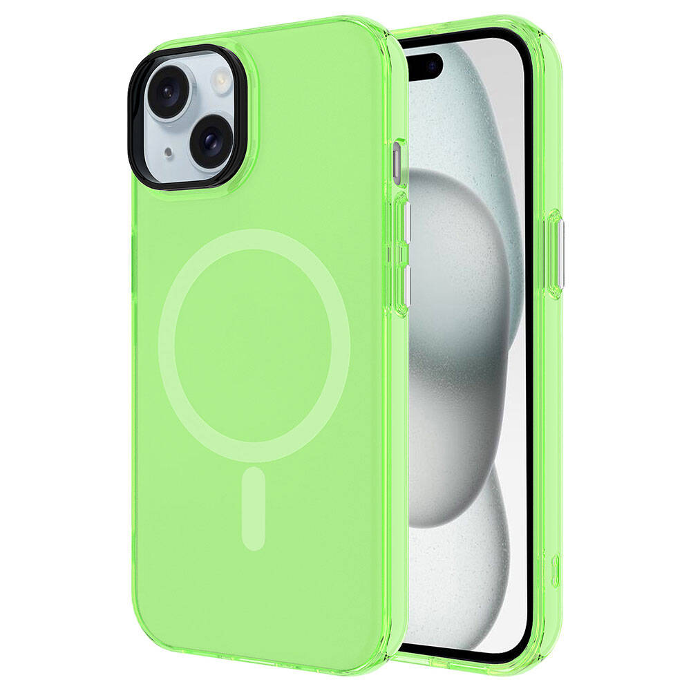 Mıknatıslı şarj dairesi olan neon yeşili telefon kılıfı gösteriliyor.