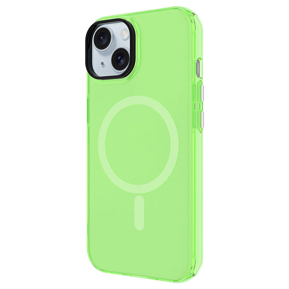 Kamera kesimli ve dairesel manyetik şarj göstergeli neon yeşili telefon kılıfı.