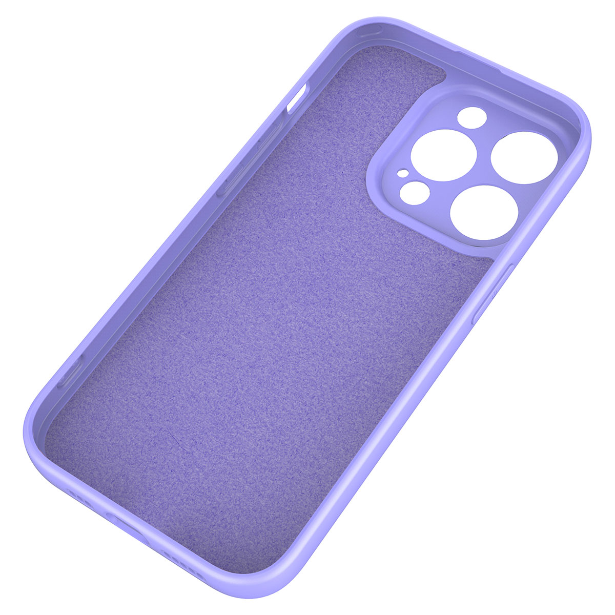 Kadife astarlı, kamera kesimli mor telefon kılıfı.