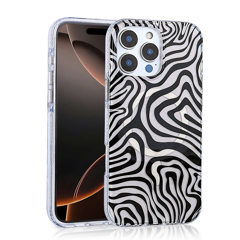 Siyah beyaz zebra desenli, şeffaf kılıflı akıllı telefon.