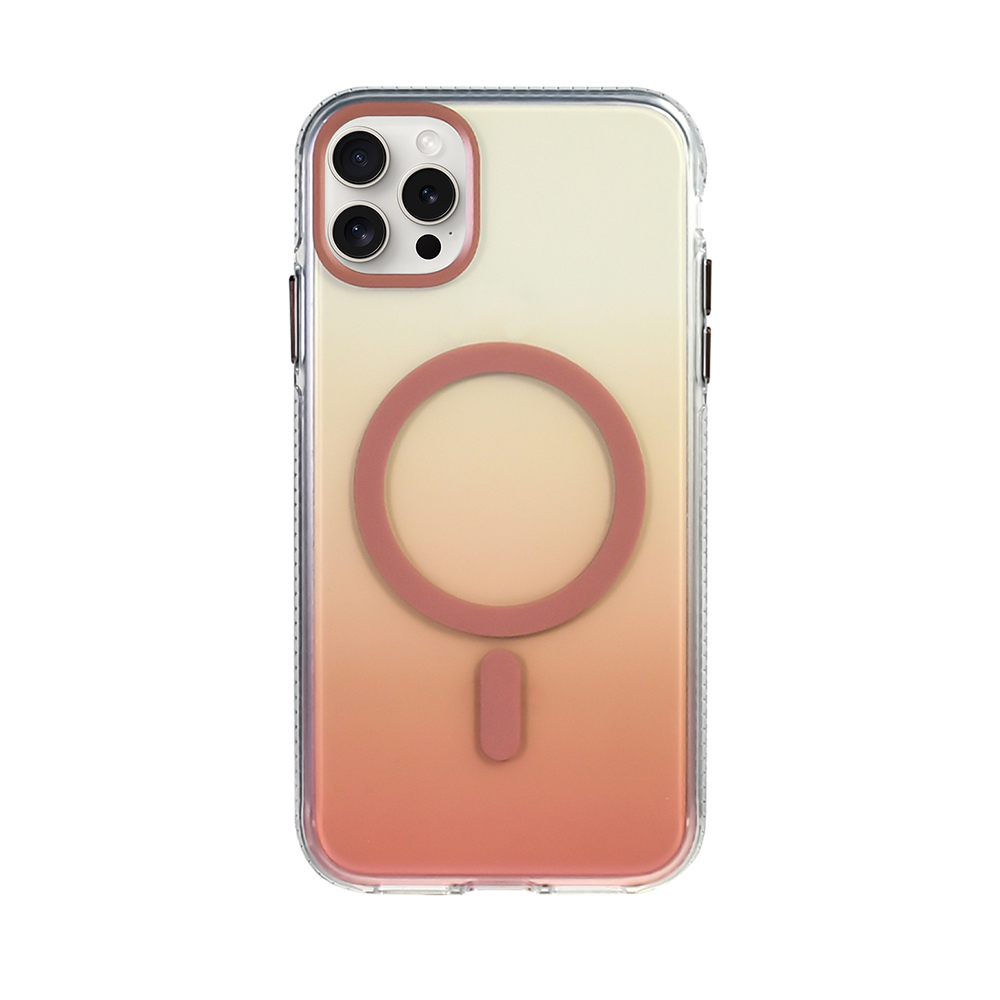 Pembe-turuncu degrade ve manyetik halkalı şeffaf telefon kılıfı.