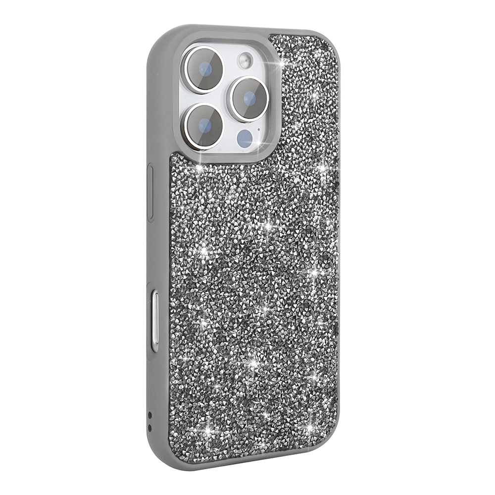 Üçlü kamera lensli, simli gri telefon kılıfı.