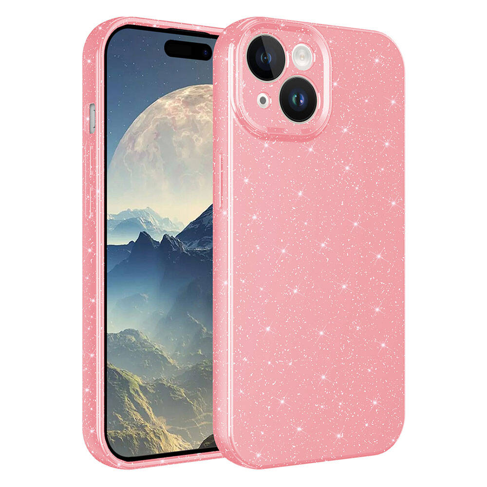 Kameralı pembe simli telefon kılıfı. Dağ manzarası gösteriyor.