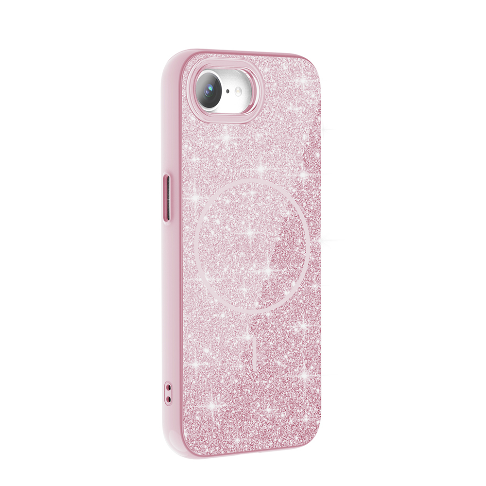Kamera modülü ve şarj dairesi olan parlak pembe telefon kılıfı.