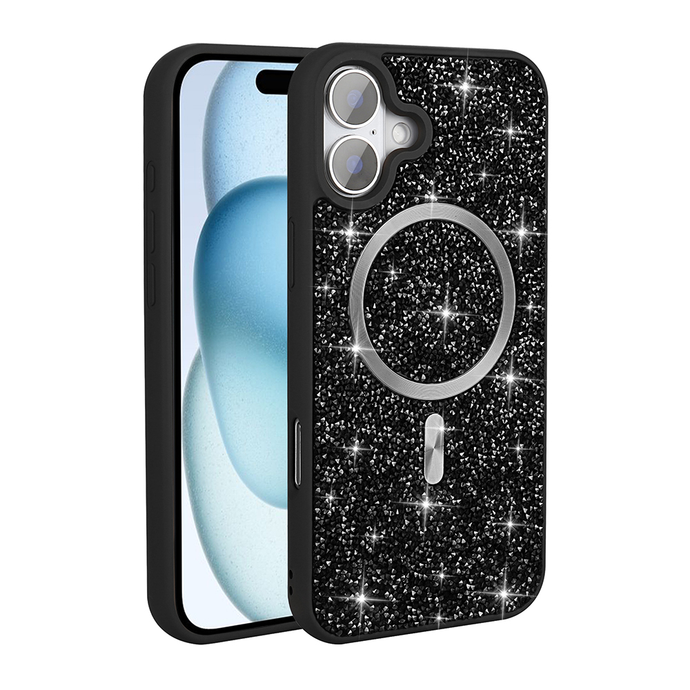 Telefon üzerinde manyetik halka ve kamera kesiği bulunan siyah parlak telefon kılıfı.