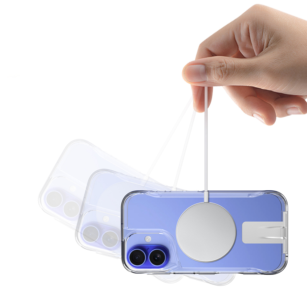 Bir el MagSafe şarj cihazı takılı şeffaf bir telefon tutuyor.