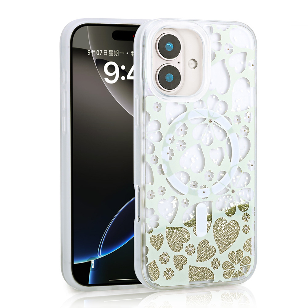 Çiçek ve kalp desenli açık yeşil iPhone kılıfı.