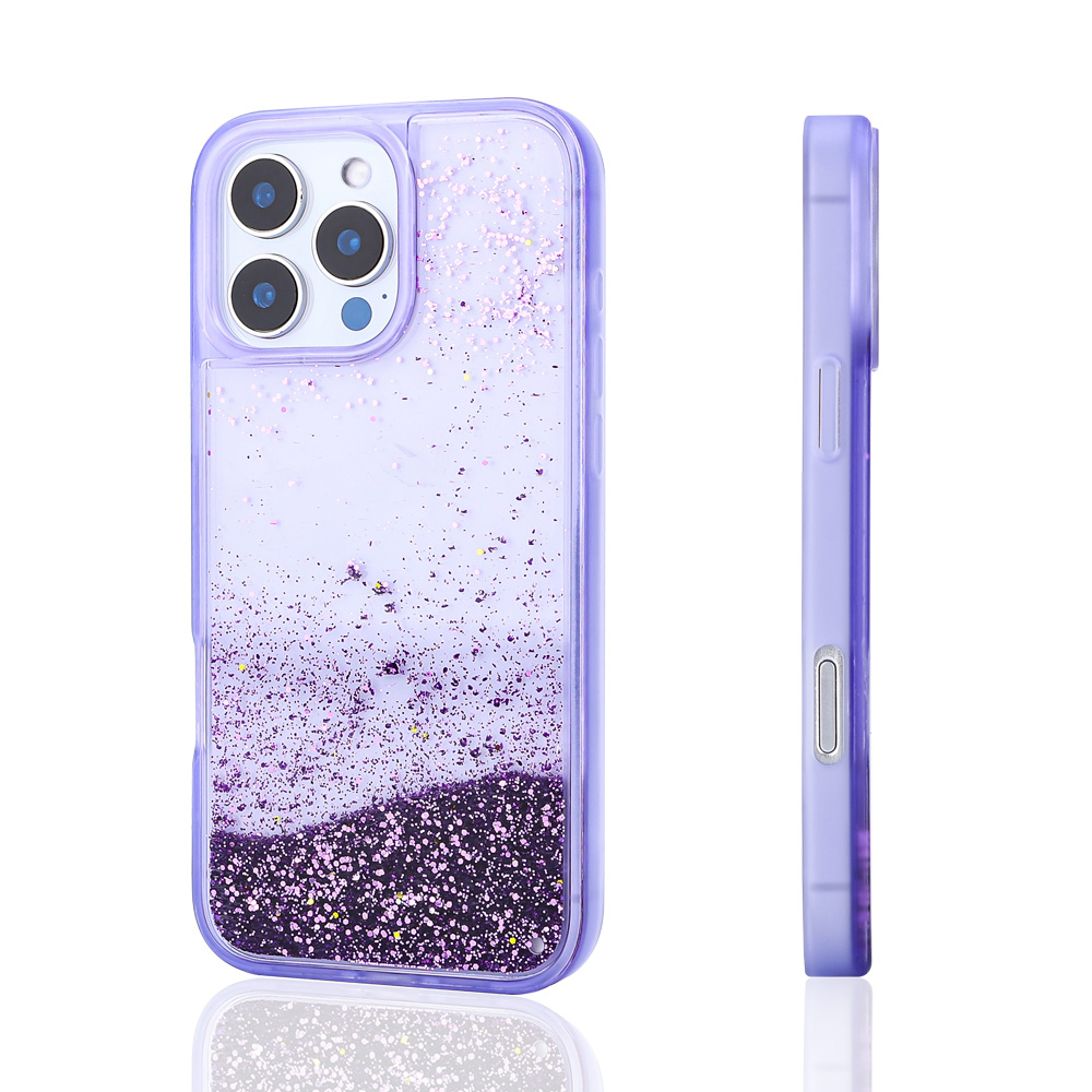 Simli mor telefon kılıfı ve üç kamera lensi.