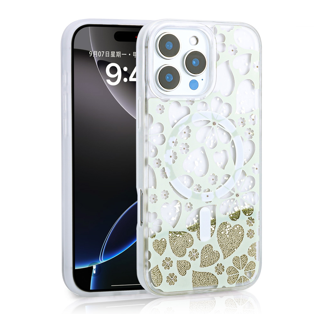 Kalp ve çiçek desenli şeffaf kılıflı bir iPhone.