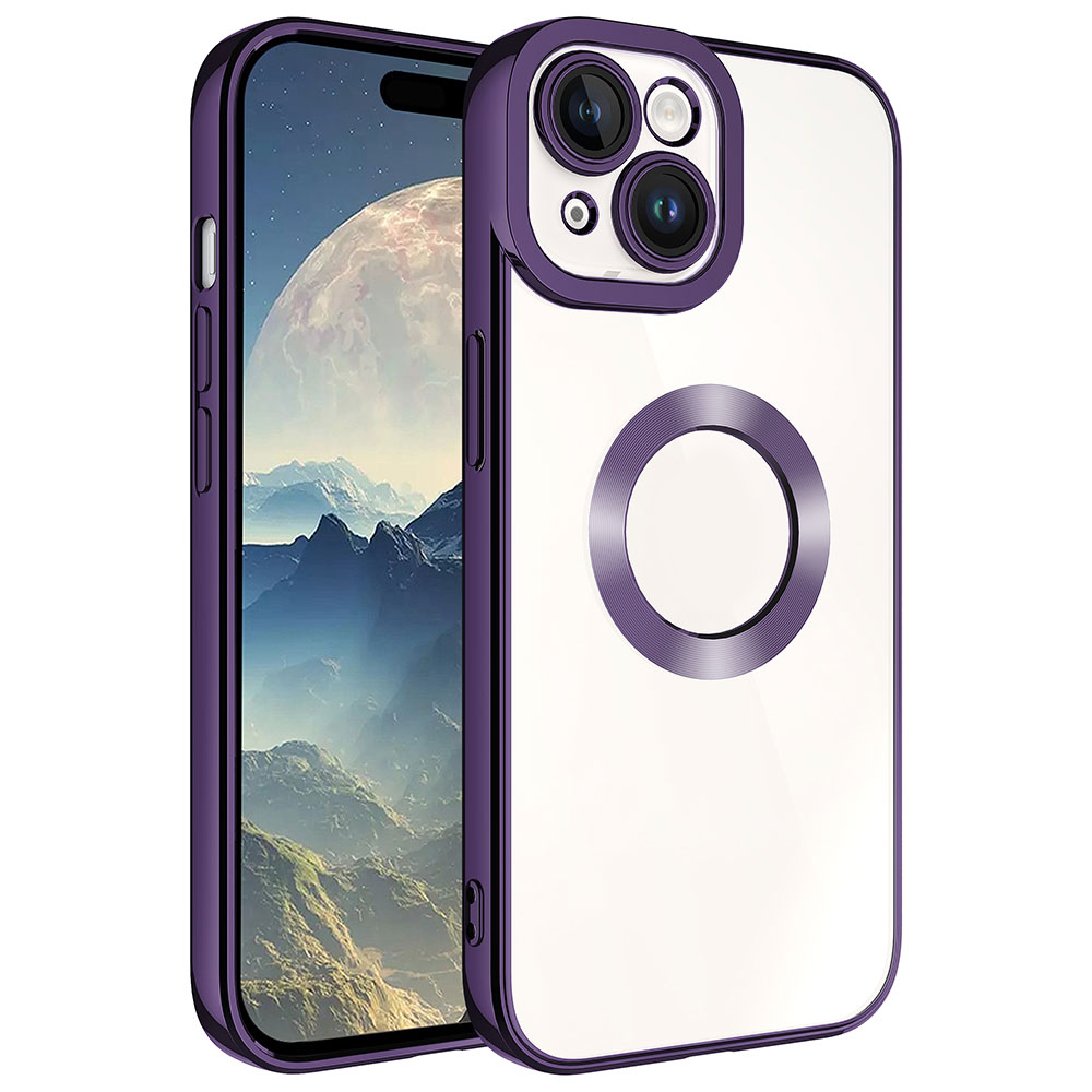 Şeffaf arkalı mor iPhone kılıfı ve kamera kesiti.