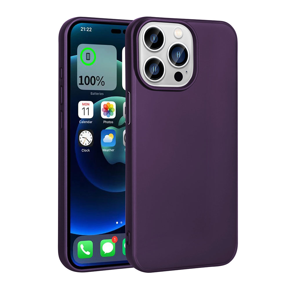 Mor iPhone kılıfı telefonun yarısını kaplıyor, uygulama simgeleri görünüyor.