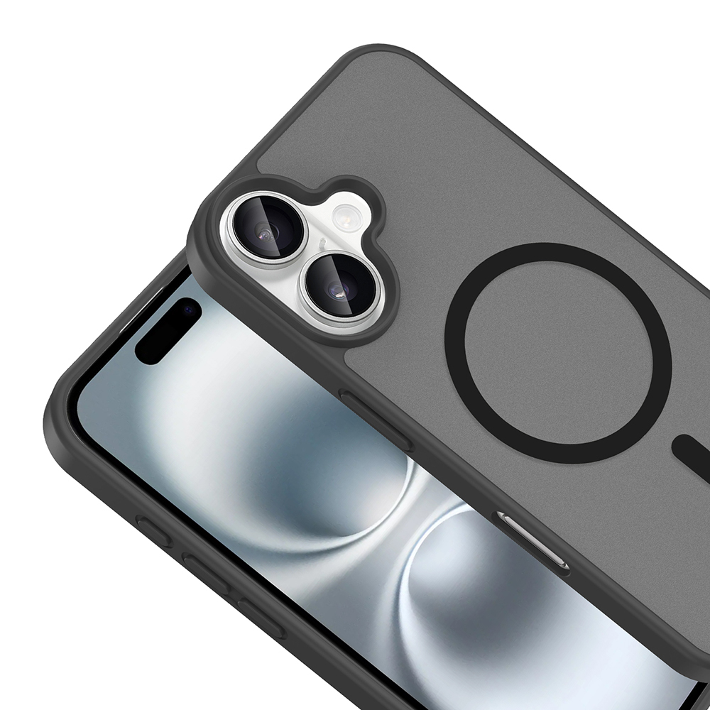 Beyaz arka plan üzerinde iki kamera ve daireli gri telefon kılıfı.