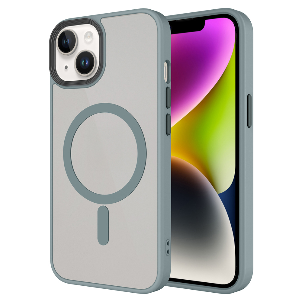 Mıknatıslı halkalı gri telefon kılıfı ve arkada iPhone.