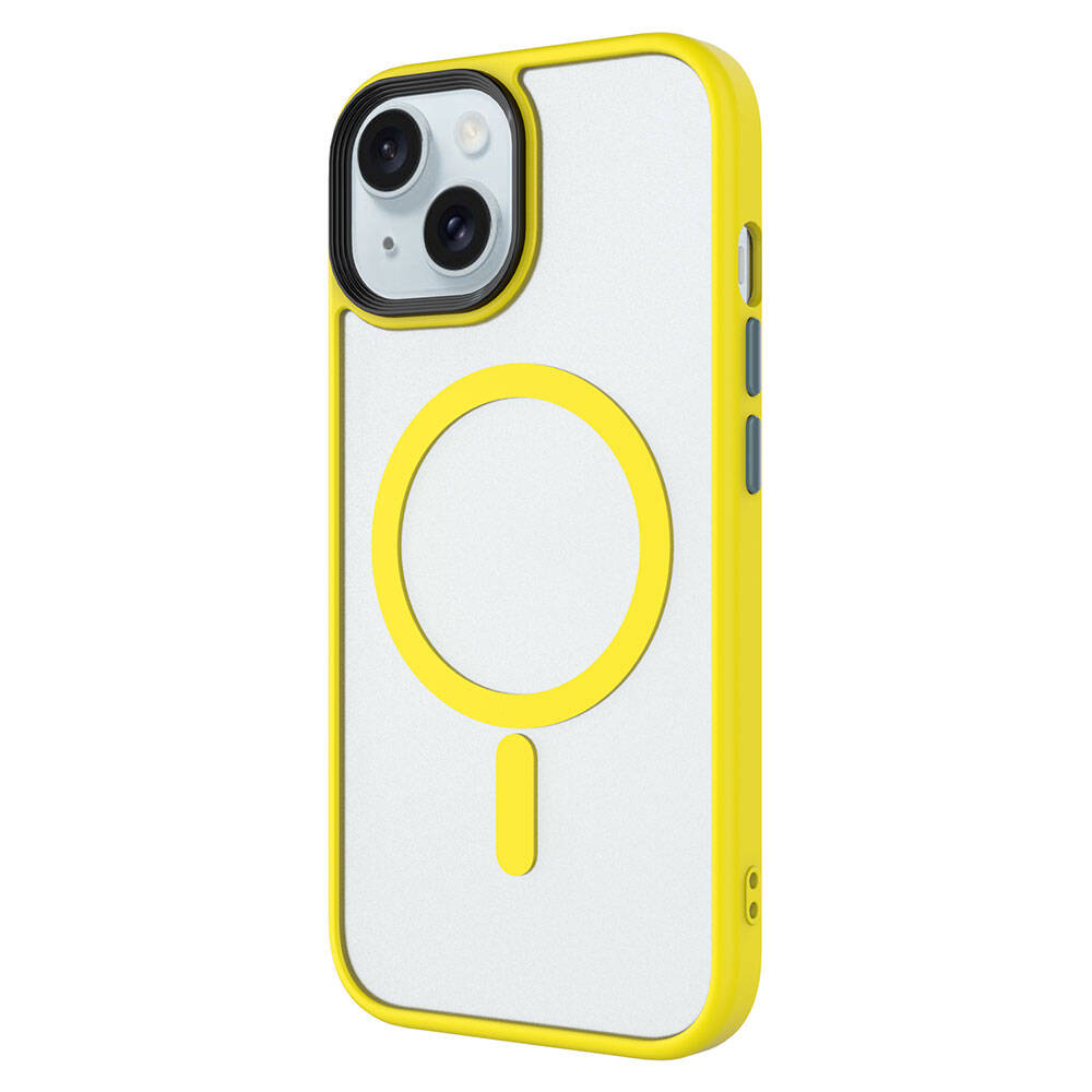 Kamera ve manyetik halkalı sarı akıllı telefon kılıfı.