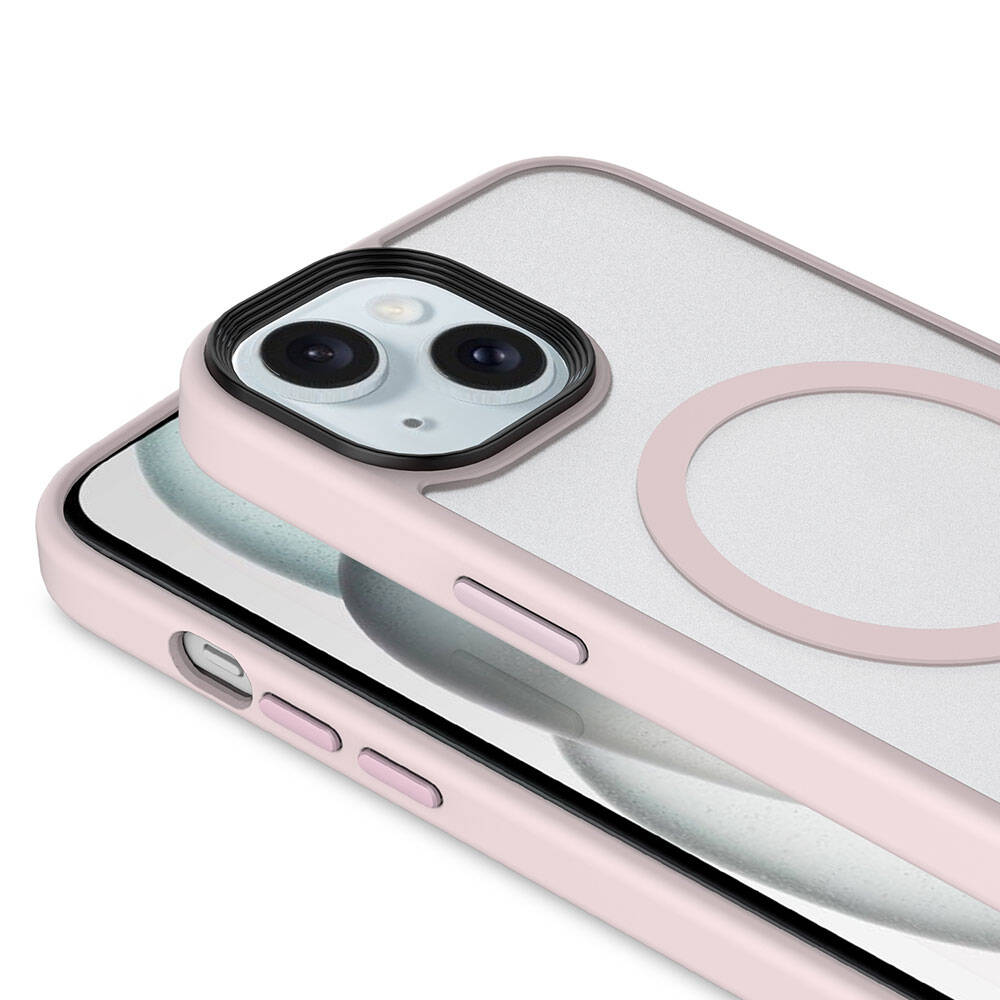 Şeffaf arka ve kamera yuvalı pembe telefon kılıfı, düğmeleri gösteriyor.