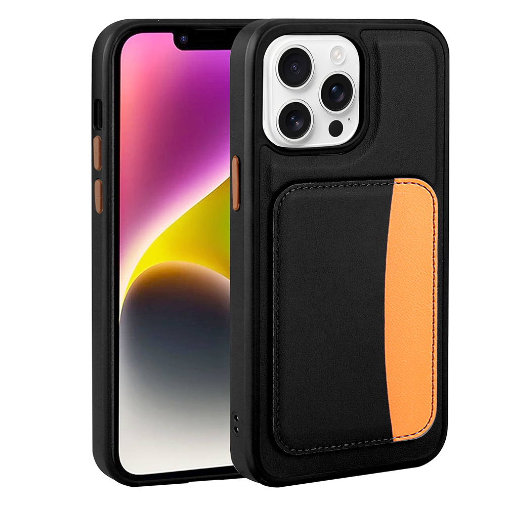 Turuncu kart yuvalı ve kamera kesimli siyah telefon kılıfı.