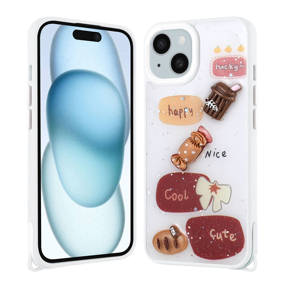 Kahve, şeker, fiyonk, ekmek ve yazı içeren kılıflı bir iPhone.