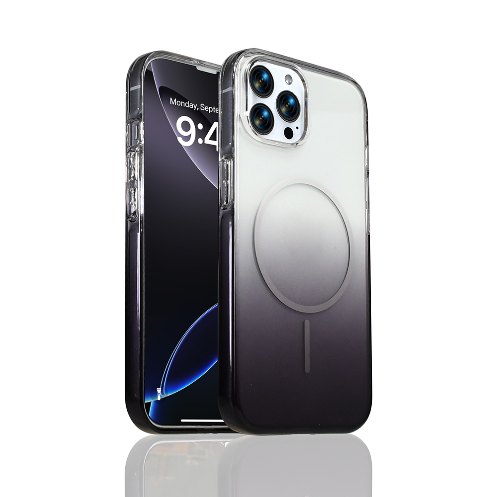 Siyah ve beyaz geçişli şeffaf kasalı bir iPhone.
