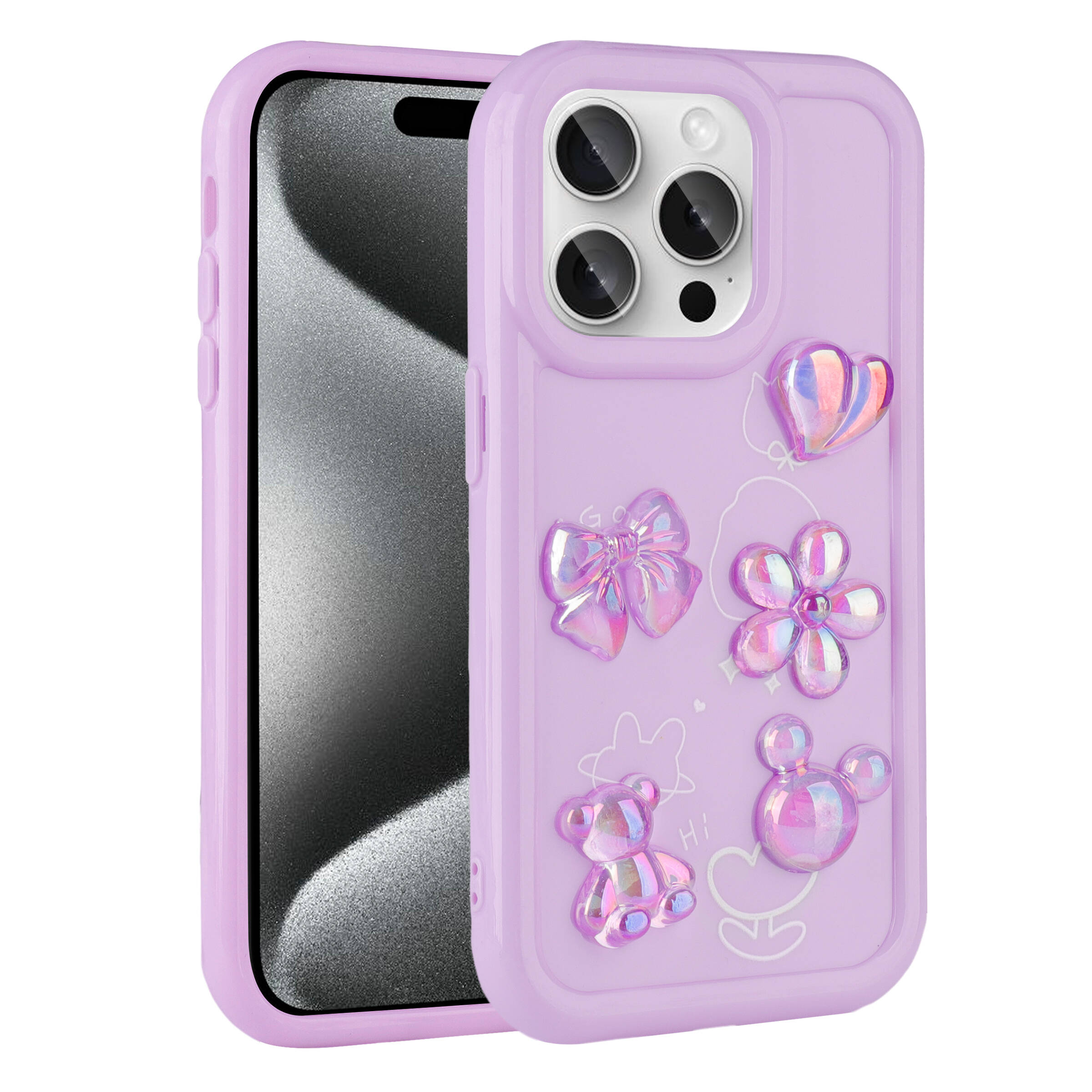 Ayıcık, kalp ve çiçek figürlü mor iPhone kılıfı.