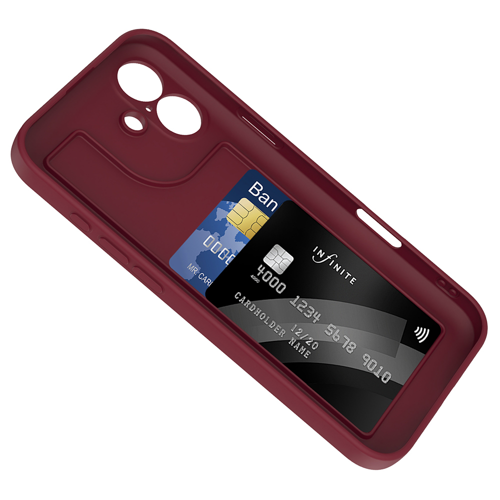 Bordo telefon kılıfı, kart yuvalı, içinde iki kart görünür.