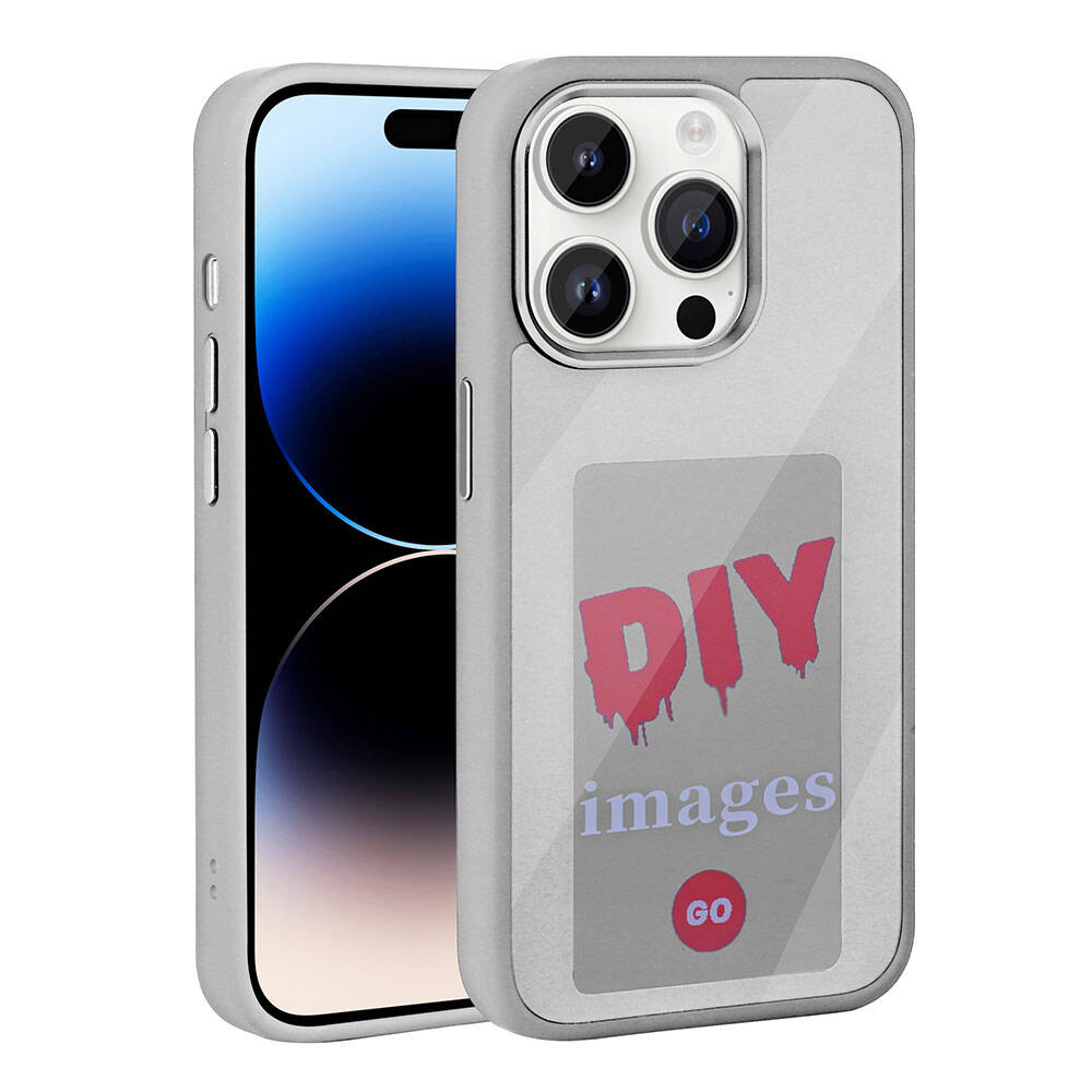 Şeffaf arkada 'DIY images GO' yazılı gümüş telefon kılıfı.