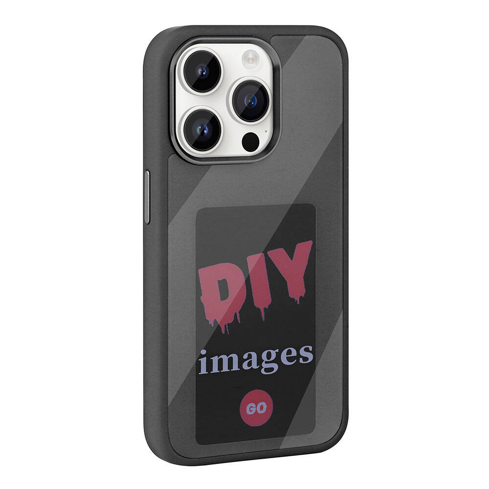 Kamera dizilimli siyah telefon kılıfı, "DIY images GO" metin grafiği.