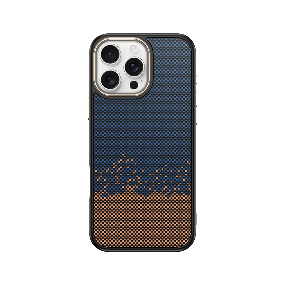 Kareli mavi ve bronz desenli siyah iPhone kılıfı.
