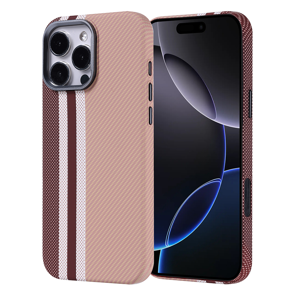 Dikey beyaz ve bordo çizgili pembe telefon kılıfı telefonun yanında gösteriliyor.