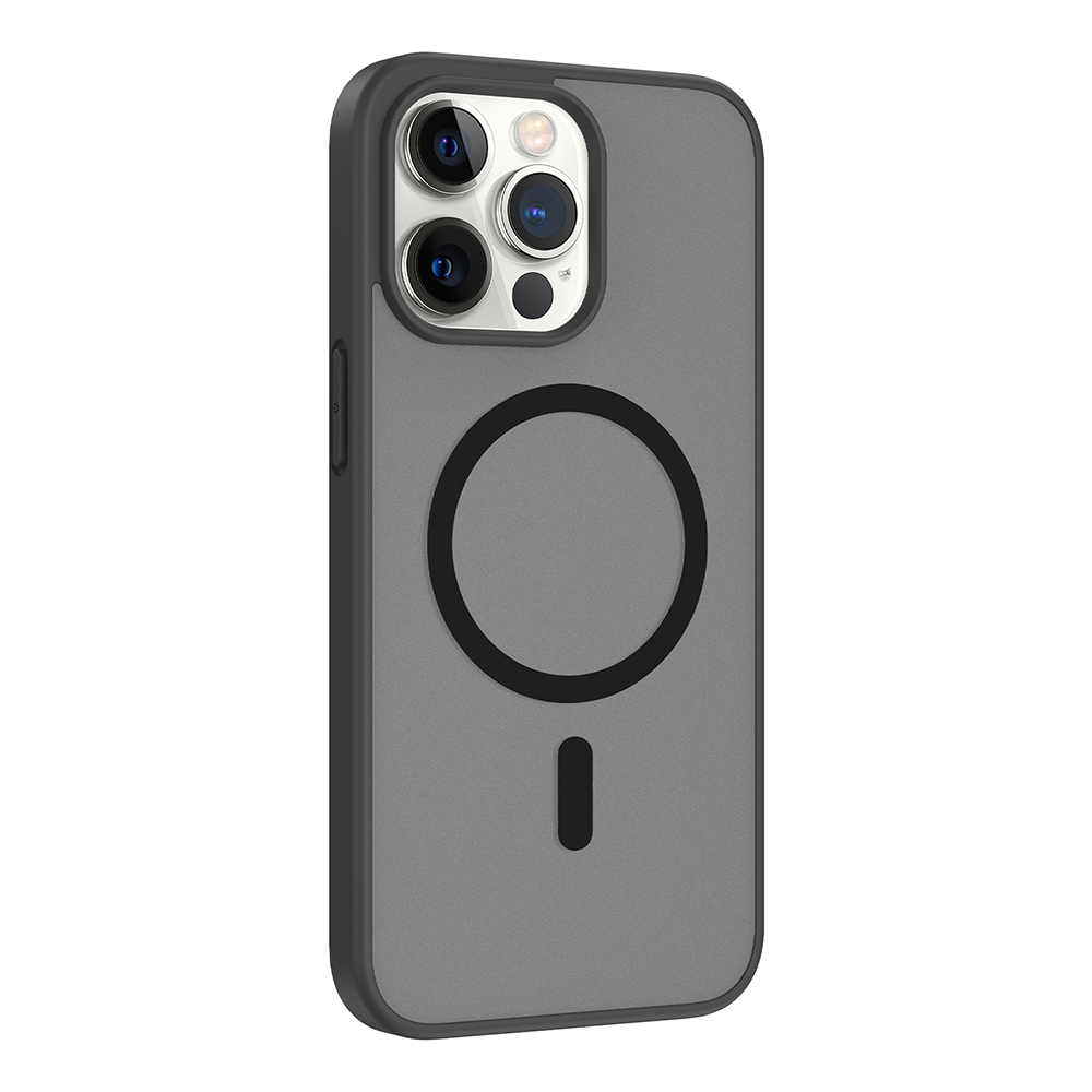 Kamera çıkıntılı gri telefon kılıfı ve çizgili siyah halka.