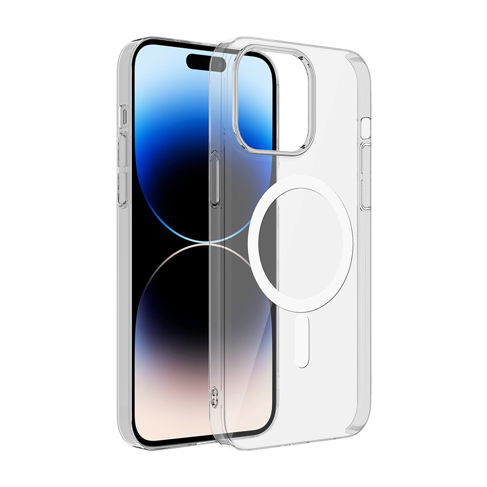 iPhone için manyetik halkalı şeffaf telefon kılıfı beyaz arka planda.