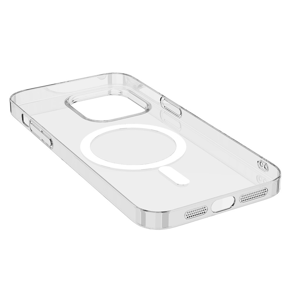 Şeffaf telefon kılıfı, beyaz arka planda şarj için manyetik halkalıdır.