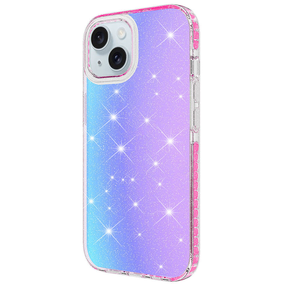 Mavi, mor ve pembe simli degradeye sahip şeffaf telefon kılıfı.