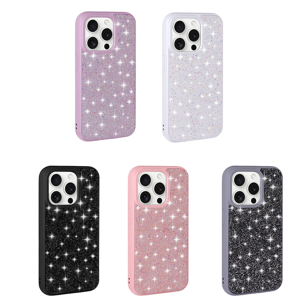Mor, beyaz, siyah, pembe ve gri renklerde beş simli telefon kılıfı.