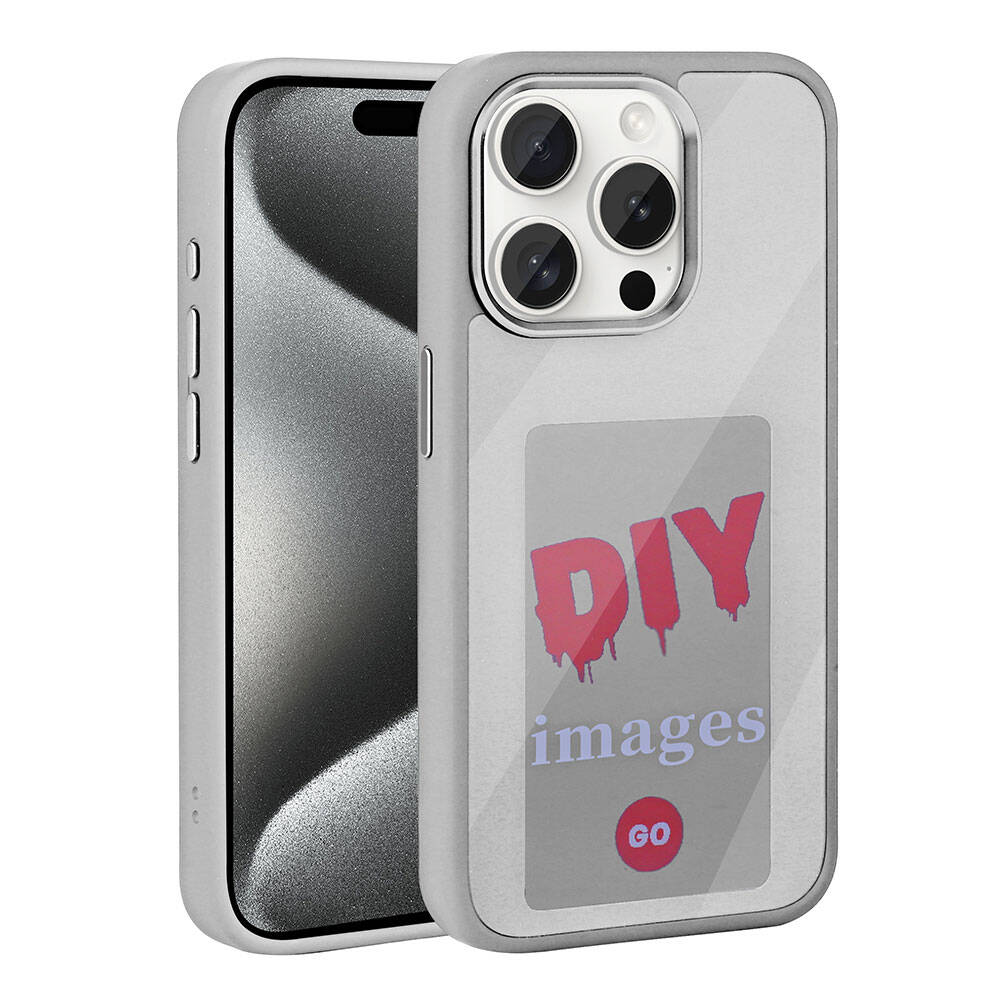 Arkada DIY yazısı ve GO düğmesi olan gri telefon kılıfı.