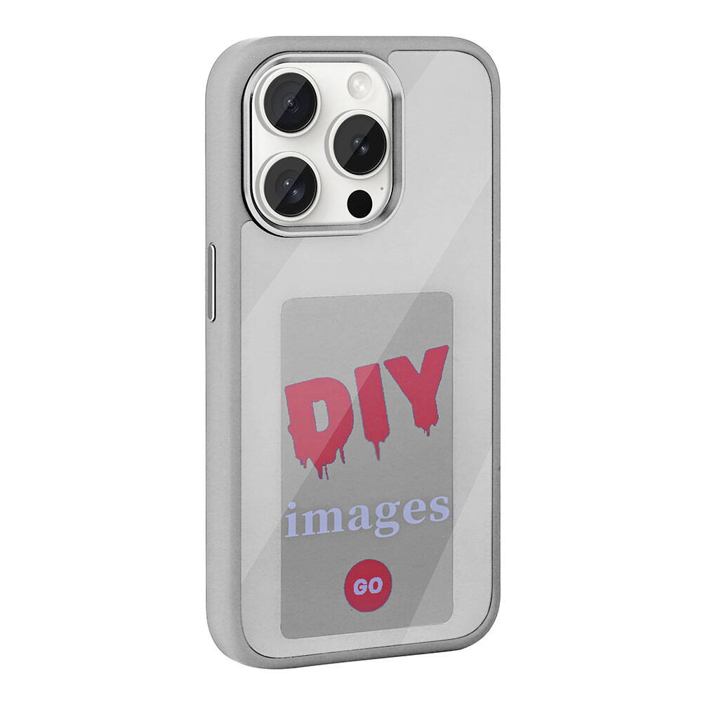 Şeffaf arka panele sahip gri telefon kılıfında 'DIY images GO' yazısı.