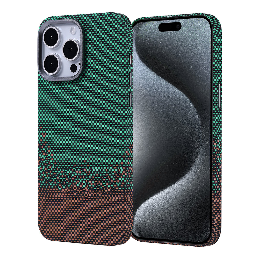 İki tonlu, yeşil ve kahverengi kareli desenli bir telefon.